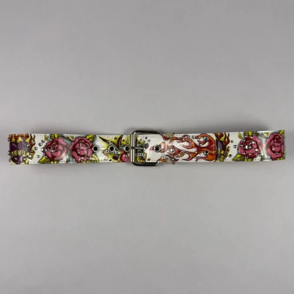 Ed Hardy Style Tattoo-Inspired Graphic Belt Colorful Rhinestone Accents 38.5